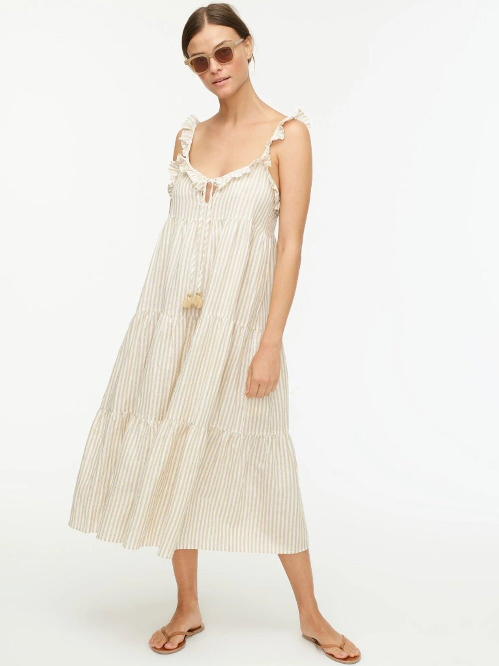 J Crew Sophie Midi Dress Linen Cotton Ruffles Tiered Tan White Stripe 2X